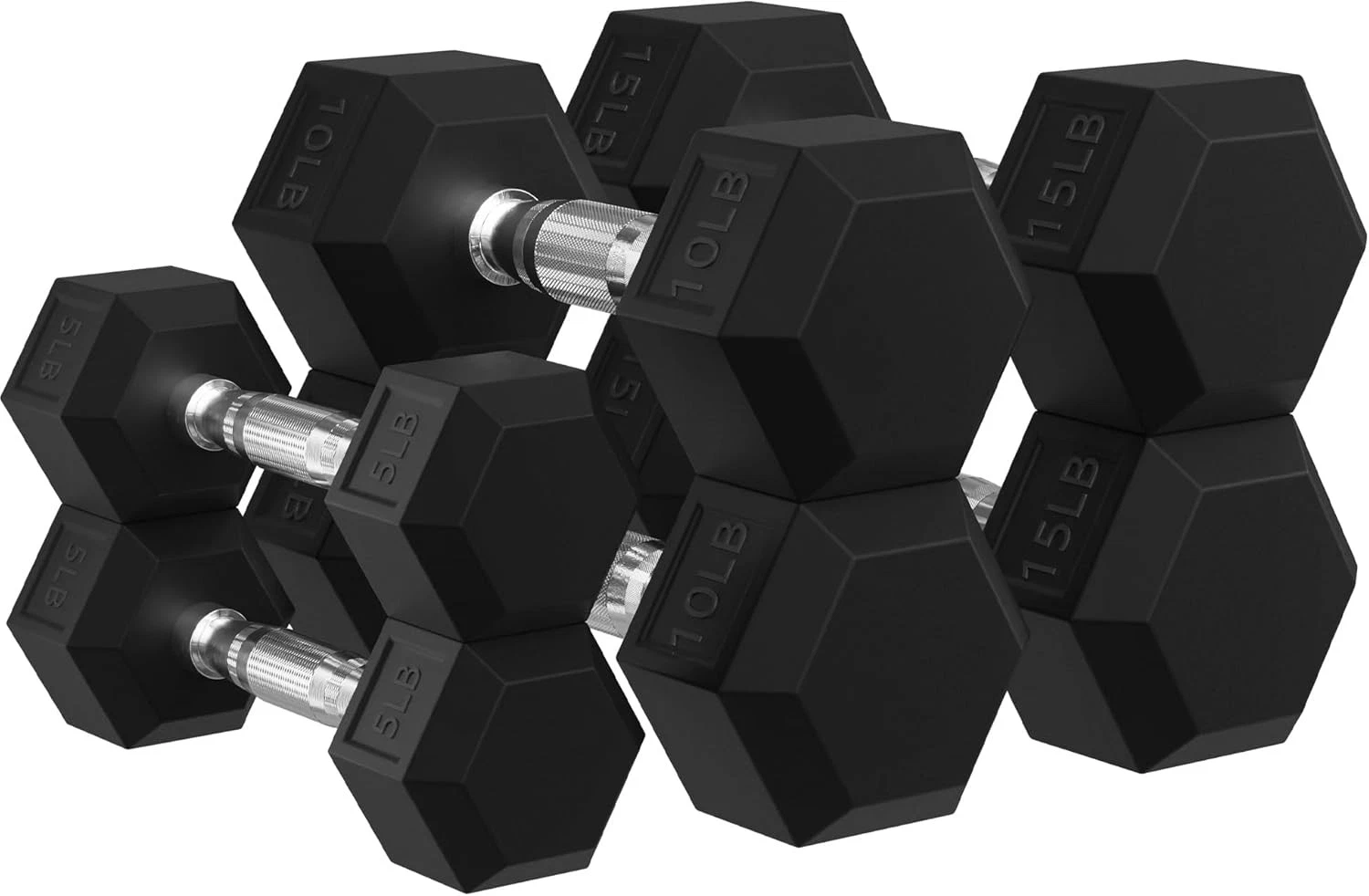 Rubber Encased Hex Dumbbells W/ Optional Rack 10 15 20LB Pairs & 5 10 & 15 Pairs