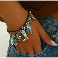 Western Cowgirl Turquoise Charm Bracelet Adjustable Rodeo Boots Festive