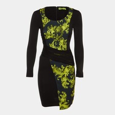 Versace Jeans Black Baroque Print Cady Ruched Bodycon Dress S