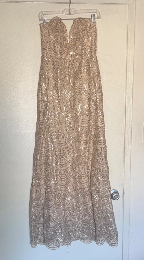 tfnc patterned sequin bandeau maxi dress in gold Mirror Sequin Strapless Slit Gown by Ladivine CZ2409 – ABC Fashion main image 0