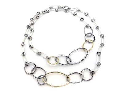 David Yurman Silber 18 Karat Gelbgold 7 mm Kabel mobile Gliederkette Halskette 36 Zoll