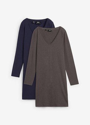 2 Stück Basic-Jerseykleid Gr. 36/38 Anthrazit Blau Damen-Mini-Freizeitkleid Neu