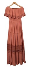 Altered State Whimsical Boho Prairie Off Shoulder Maxi Dress Dusty Rose Medium