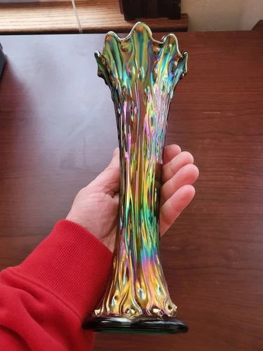 Electric Highlights Green Northwood Carnival Glass Standard Size Tree Trunk Vase
