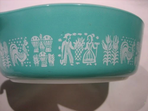 Vintage Pyrex Amish Butterprint 471 1 Pt Casserole Dish w/ Lid Turquoise White