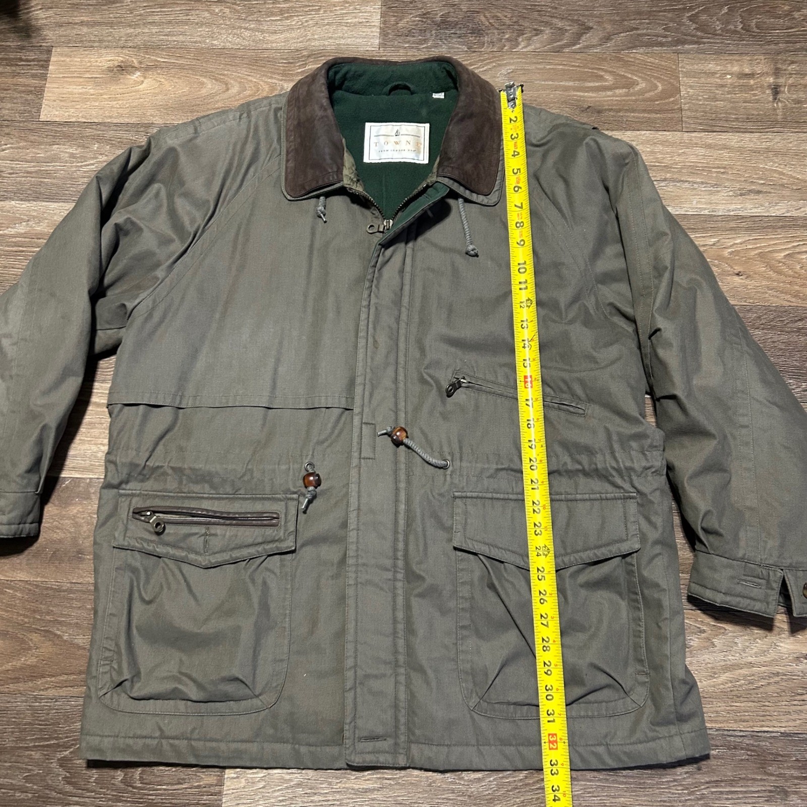 TOWNE FROM LONDON FOG Mens Khaki Utility Jacket Lined Leather Collar