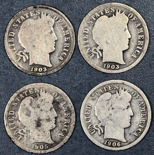 1903 1903-O 1905-S 1906 10C BARBER SILVER DIMES Lot of 4 KM#113 Circulated A6304