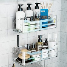 Acrylic Shower Caddy, Clear Wall Mounted Bathroom Organizer with Hooks, No-Dr...