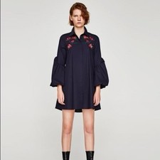 Zara Embroidered Long Sleeve Shirt Dress Size M
