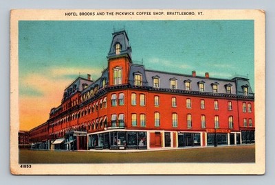 Hotel Brooks & Pickwick Coffee Shop Brattleboro VT Vintage Postcard 1938