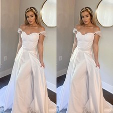 Satin Wedding Dresses Mermaid Detachable Train White Off Shoulder Bridal Gowns