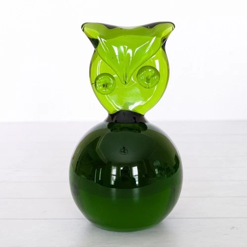VTG Blenko Handmade Glass 711C Owl Paperweight Olive Green Nickerson Design 1971