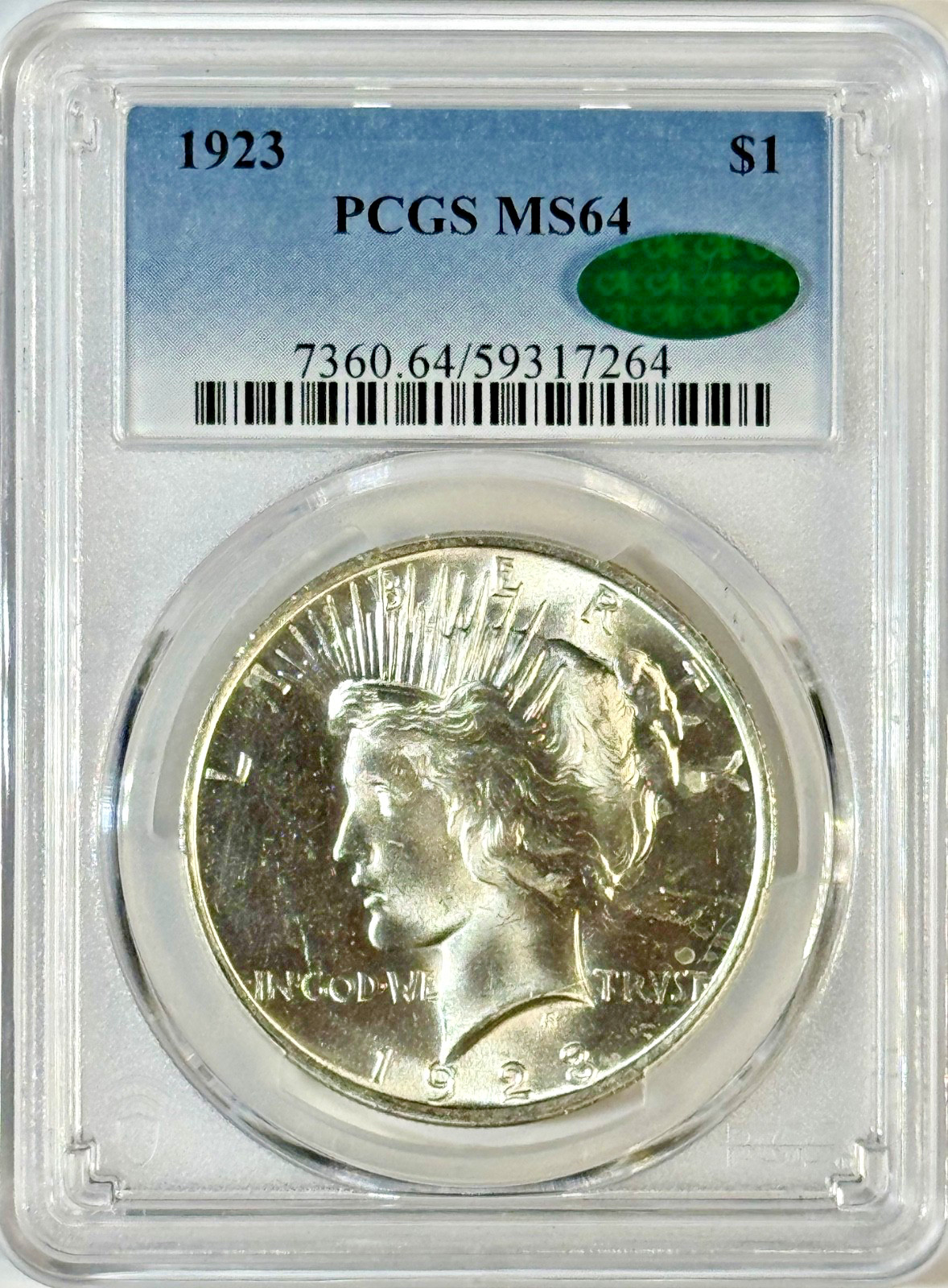 1923 Peace Silver Dollar - PCGS MS64 CAC - Green Bean Sticker Certified $1