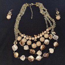 Beautiful Gold Tone Pearlescent Bead Statement 4 Row Necklace Set With Earrings