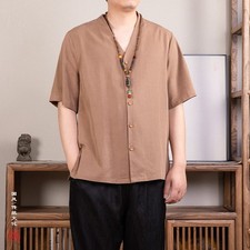 Chinese Style Retro V-neck Short Sleeve Silk Shirt Womens Summer Solid Color Top