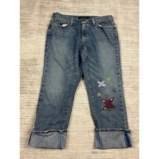Calvin Klein Jean Pants Women 12 Blue Butterfly Embroidered Cropped Cuffed Denim