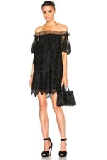 Alexis Ali Off The Shoulder Tiered Scalloped-Edge Lace Black Mini Dress Small