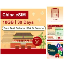 China eSIM - 10GB Data for 30 Days | Free USA  | Unrestricted Access