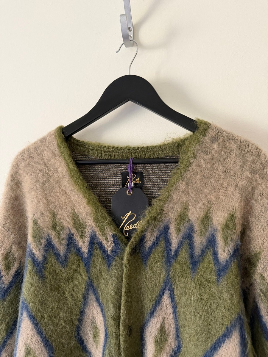 Needles Mohair Diamond Cardigan - Size XL - Olive Green - Made in Needles Mohair Diamond Cardigan - Size XL - Olive Green - Made in