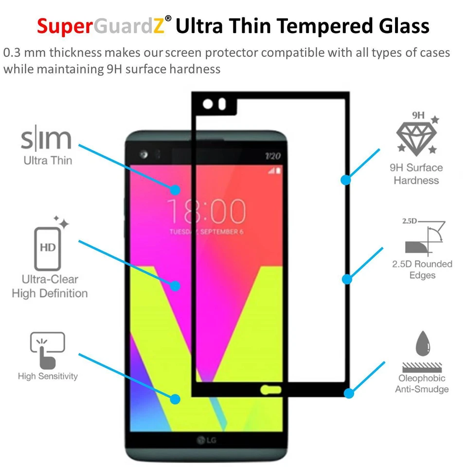 LG V20 Tempered Glass FULL COVER Screen Protector Guard Shield Saver [Black] - Image 3 of 4
