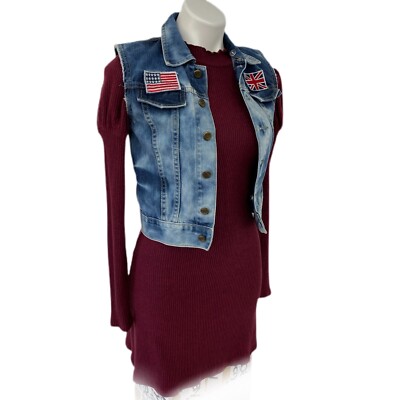Derek Heart Dress Womens Small Lot Denim Vest Burgundy Grunge Work Date  Office | eBay