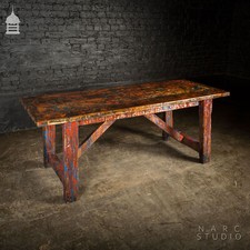NARC STUDIO Pine Splay Leg Trestle Table With Abstract Painted Finish