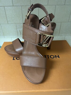 LOUIS VUITTON GOLD LV Logo Brown Leather Ankle Strap