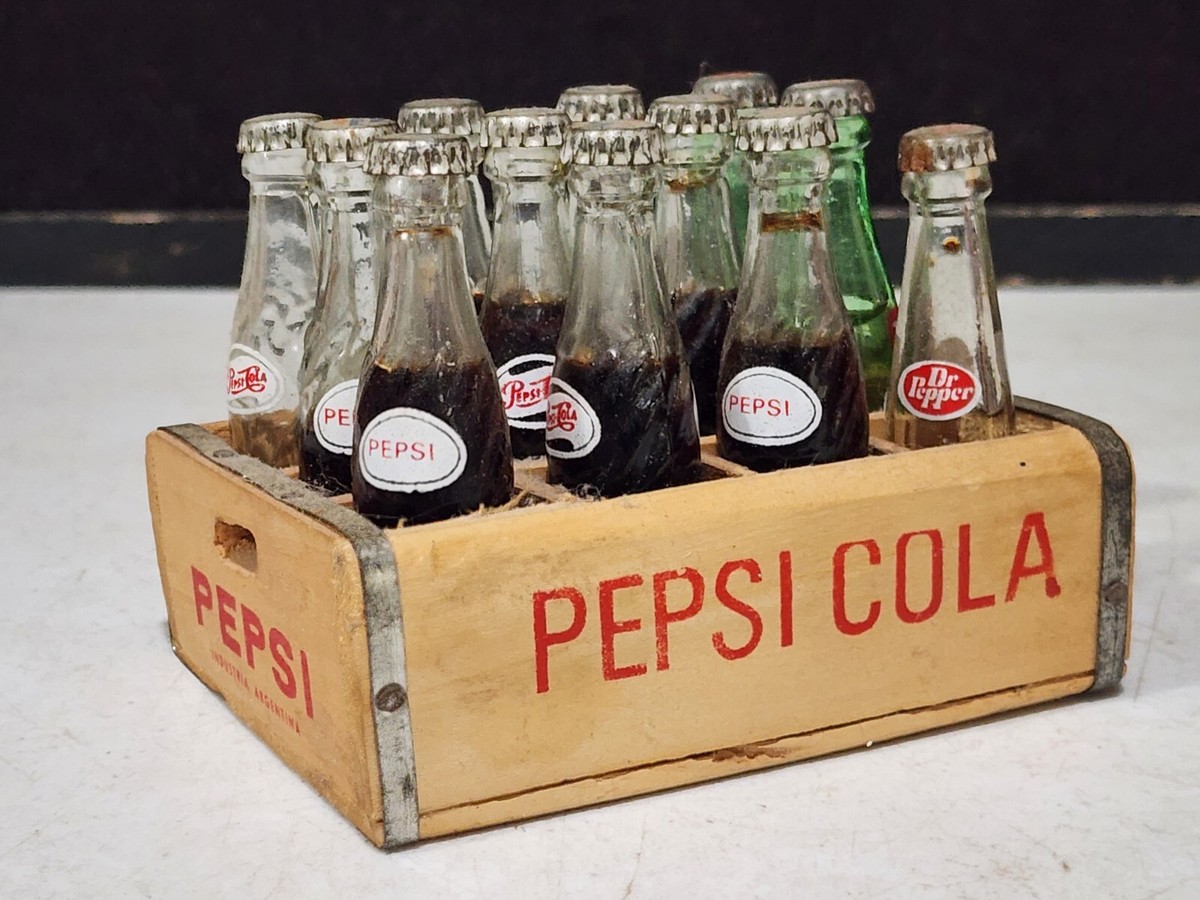 Wooden Crate Of Miniature Pepsi Cola & Other 3” Tall Soda Pop