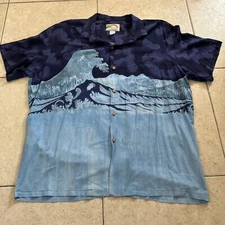 Men’s Paradise Found 2XL Aloha Hawaiian Shirt Blue Waves & Clouds Vintage 