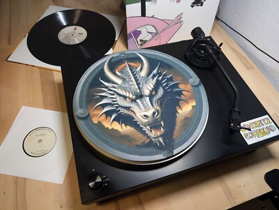 Gothic Dragon Felt Record Player Turntable Slipmat Mat, Metal Punk Goth 666 Rock