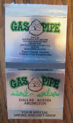 TOBACCO EMPTY MATCHBOX COVER: GAS PIPE (DALLAS AUSTIN & ARLINGTON, TEXAS) -E24