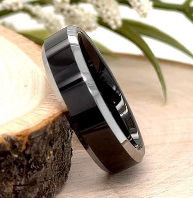 6mm Silver and Black Tungsten Proposal Band   Polished Stepped Edge Holiday Ring