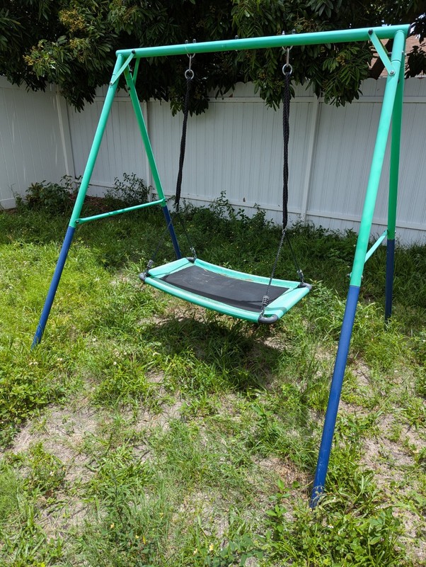 Kids Outdoor Metal Swing Set Frame w/ Platform Swing & Single Seat Green/Blue