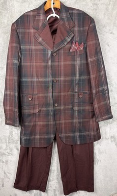 Falcone 3 Piece Suit Mens 42L Maroon Plaid Blazer Vest 36x 30 Pants Disco