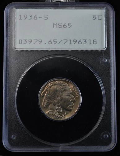 1936- S Buffalo Nickel 5c- PCGS MS65 -Old Rattler Holder Great Look & Luster!