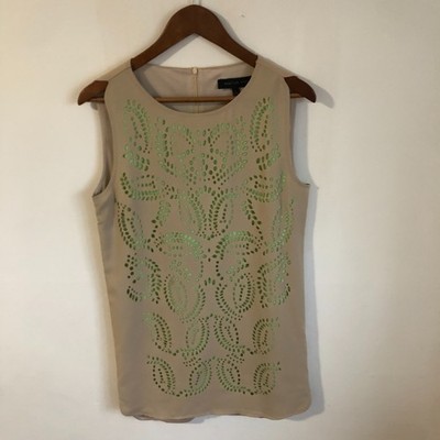 English Rose Beige Cutout Overlay Sleeveless Shift Mini Dress Lime Green lining