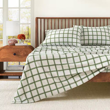 100 Turkish Cotton Plaid Flannel Sheet Sets, King, Block Plaid-Green/Grey