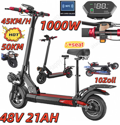 1000W Elektroroller 48V 21AH Faltbar 10 Zoll Off-road E-Scooter 50KM +seat Damen