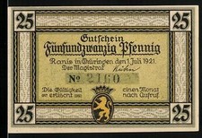 Notgeld Ranis /Th. 1921, 25 Pfennig, Burg, Wappen 