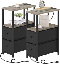 Small Narrow End Table with Charging Station, Set of 2, Side Table with Outlets,