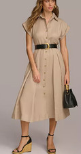 NWT Donna Karan NY Button-Front Short-Sleeve Midi Belted Dress Fawn, 6, $179