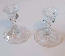 Vintage 24% Lead Crystal Candle Holders Pair 4" Hexagon Clear Glass Made in USA