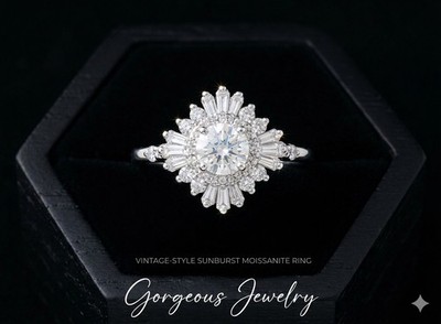 1.71 CW Vintage Sunburst Moissanite Ring 925 SS VVS1 D GRA Certified - USA MADE