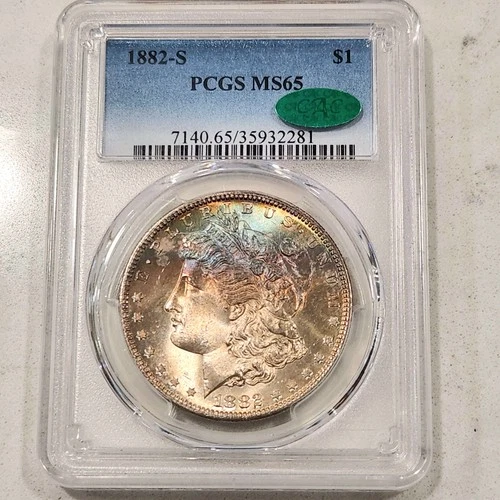 1882 S Morgan Silver Dollar ~ PCGS MS65 CAC RAINBOW TONED $1 US Mint Coin