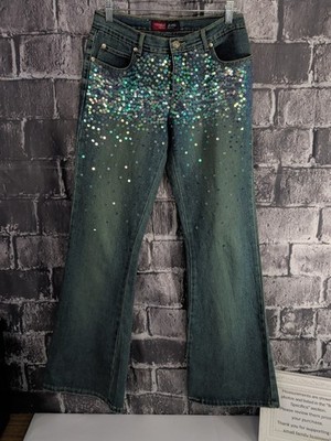 Vintage Y2k Younique Flared Jeans Jr.s Size 7 (28X32) Blue Sequin Embellishment