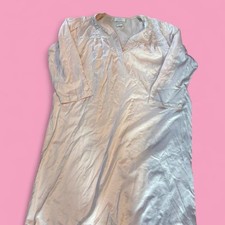 70s pink miss elaine satin nightgown with lace trim and pockets. Size: L