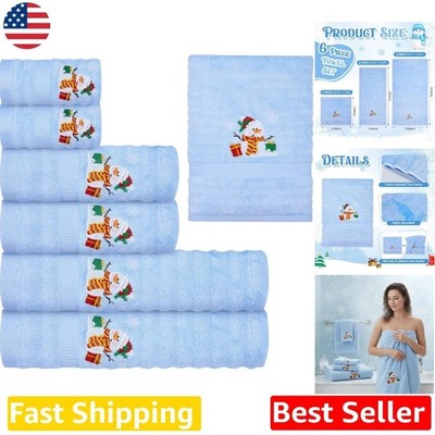 Deluxe Blue Cotton Towel Set 6pk - Snowman Winter Charm, Highly Absorbent