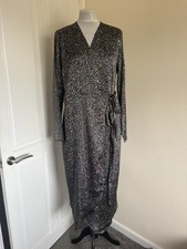 Dancing Leopard Grey Leopard Print Satin Long Sleeve Wrap Midi Dress UK 16 BNWT
