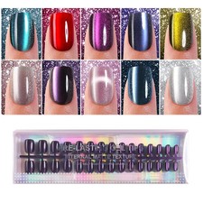 300Pcs Cat Eye Press on Nails Short Square, Plauva Soft Gel Fake Multicolor