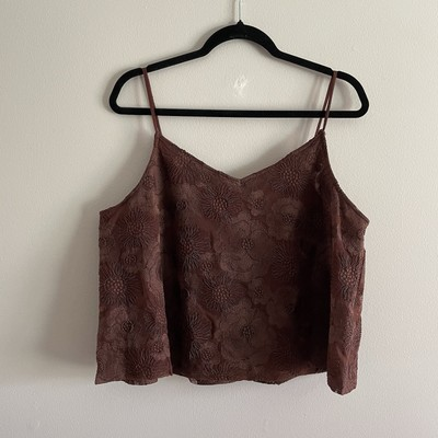 #ad Express Women L Brown Flowy Embroidered Floral Mesh V Neck Cami Top NWOT $18.99